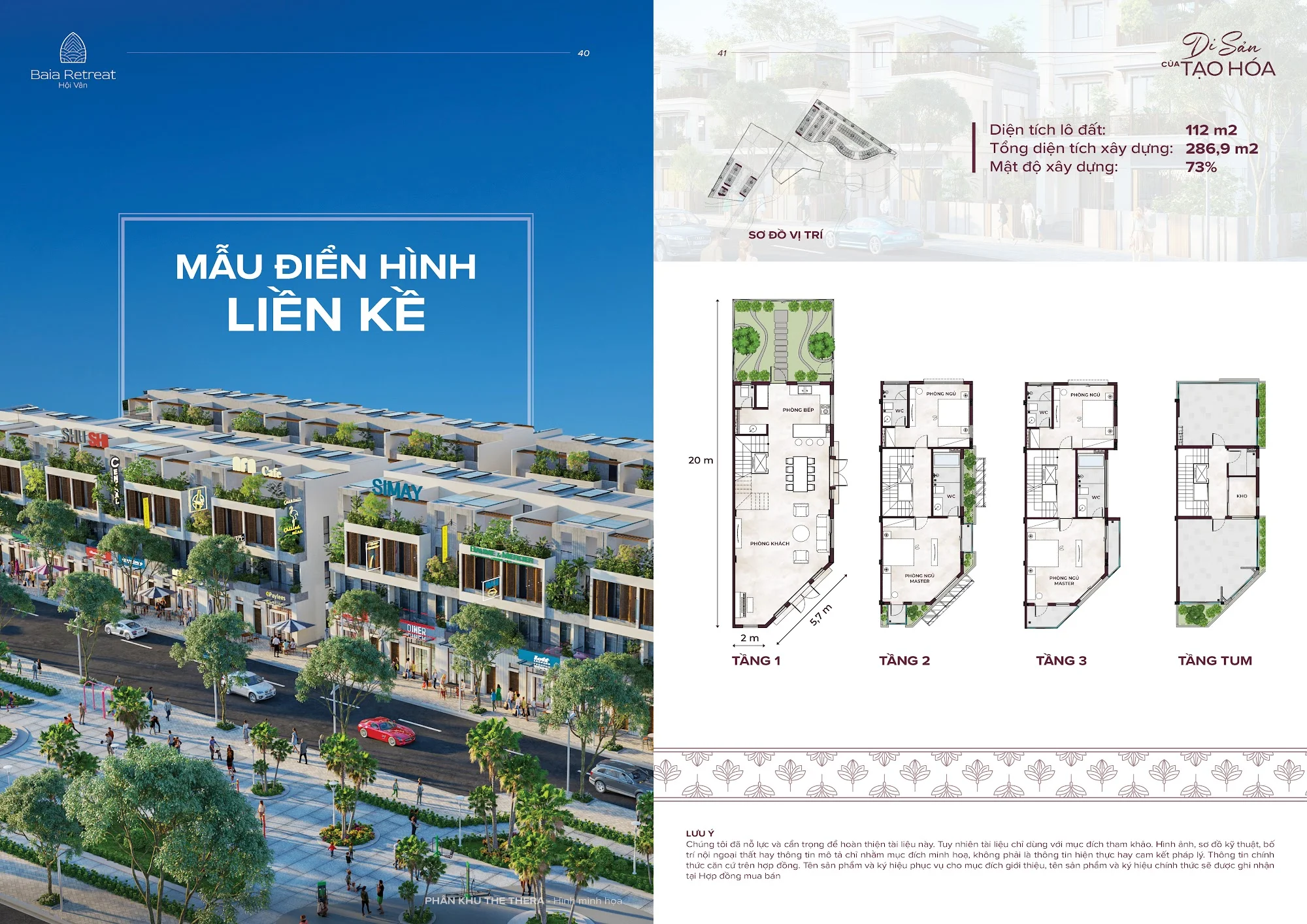 Mặt bằng các tầng mẫu nhà liền kề điển hình 120 m² tại Baia Retreat Hội Vân