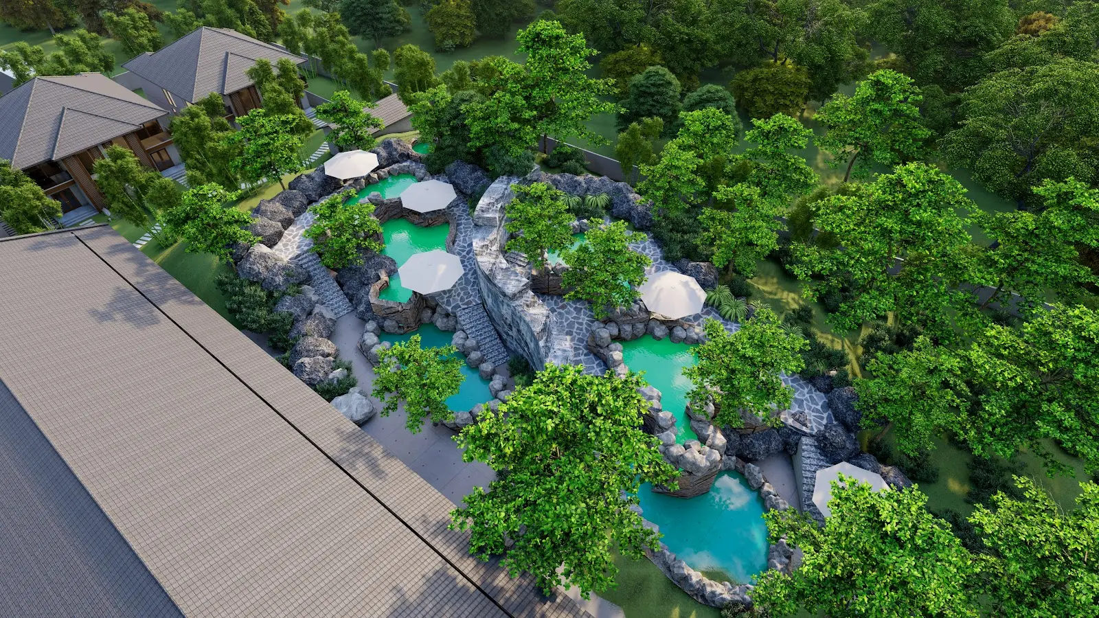 Phối cảnh cụm bể tắm onsen ngoài trời trong trung tâm chăm sóc sức khỏe Baia Retreat Hội Vân