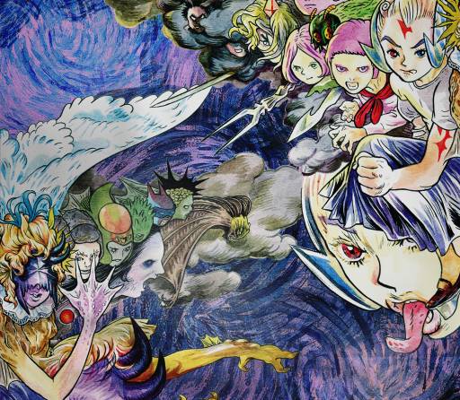 An evocative, Van Gogh-inspired illustration for the Rooftop Productions (天台製作) performance, 'Songs of Innocence and Experience'. The artwork features a swirling, textured night sky background in deep blues and purples, framing a conflict between two groups of fantastical characters. On the right, human-like figures with intense expressions and ornate markings advance through white clouds. On the left, grotesque, mythical creatures with sharp features and horns reach out from the shadows, creating a dramatic, surreal tableau typical of contemporary Hong Kong experimental theatre. 'Songs of Innocence and Experience, WestK, illustration'