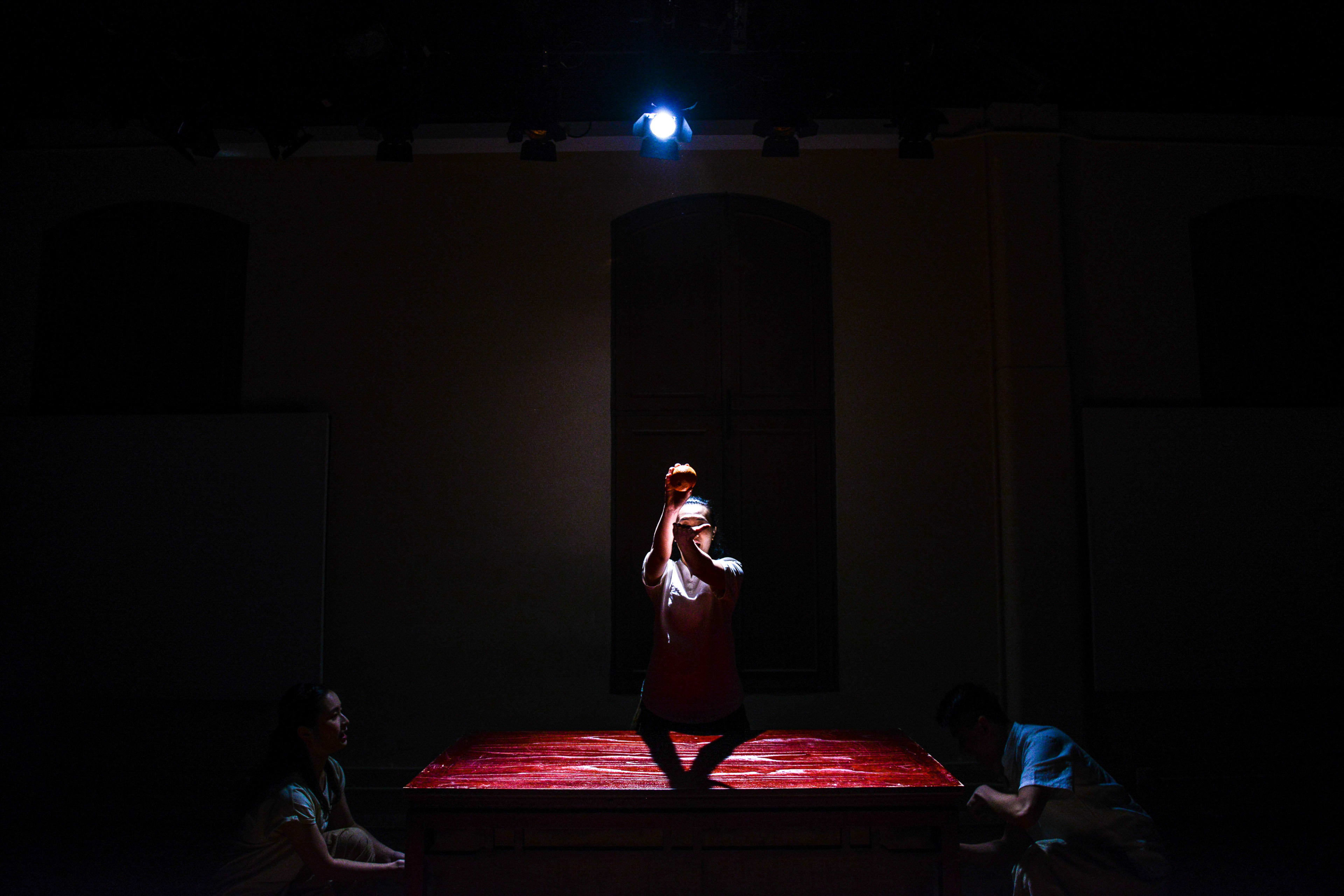 In a dramatic scene from Rooftop Productions' contemporary theatre piece 'Milk and Honey', performer Michelle Li stands centered on a raised, polished red stage, illuminated by a stark, singular spotlight against a dark background. She holds an object above her head in a contemplative, suspended pose, while two other figures kneel in the shadows on either side of the stage. The staging emphasizes themes of isolation and introspection characteristic of Hong Kong's experimental performing arts scene. 'Milk and Honey'