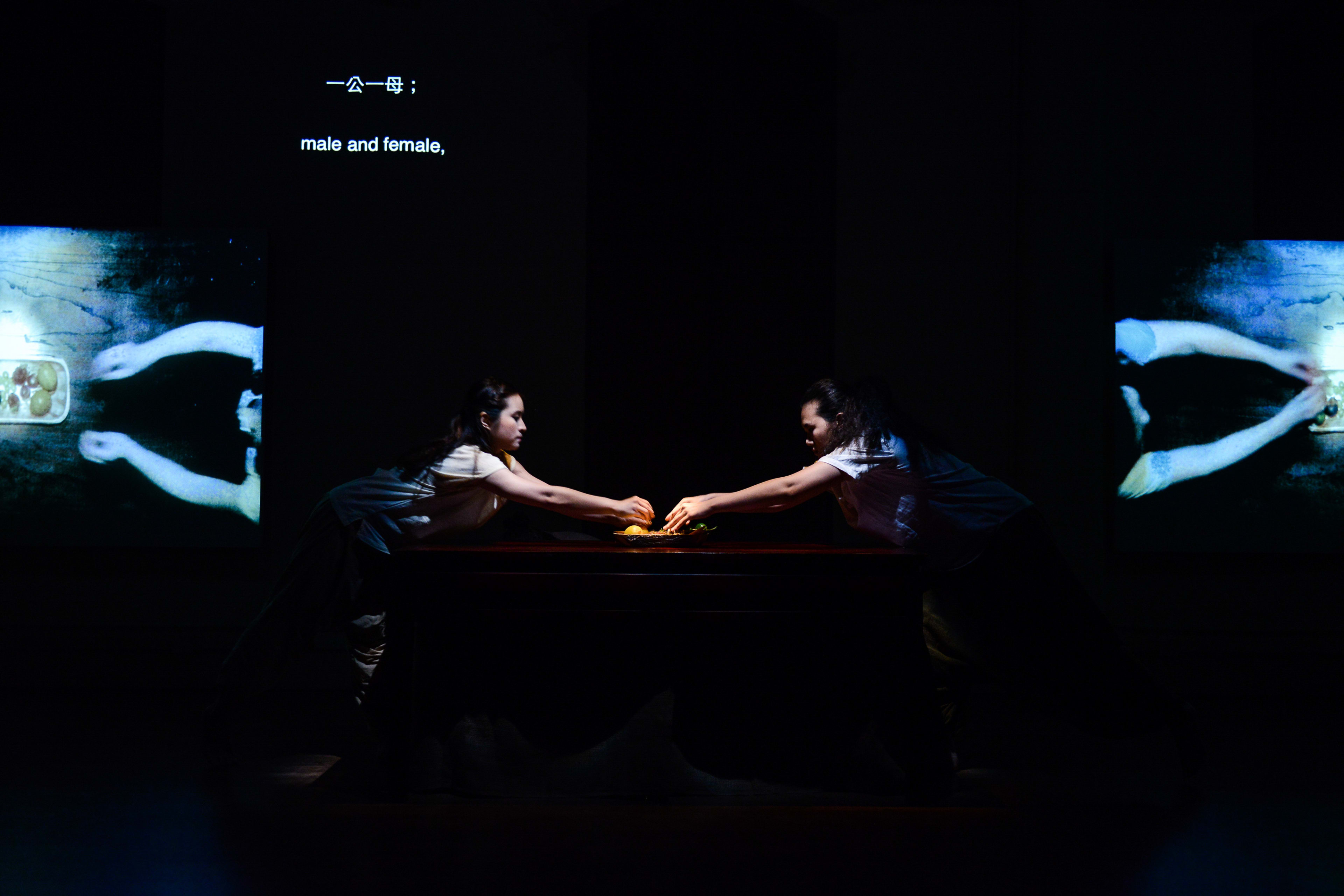 In this evocative scene from Rooftop Productions' contemporary theatre piece 'Milk and Honey', two performers stand facing each other across a dark wooden table in a dimly lit studio. They lean inward, their hands meeting over a small object on the table, creating a moment of delicate connection. Flanking the stage are two large screens displaying close-ups of human hands engaged in a similar task, amplifying the theme of human interaction. Above them, a subtitle reads: 'male and female,'. This atmospheric performance highlights the company's commitment to experimental Hong Kong stagecraft. The scene concludes with the projected text, 'male and female,'