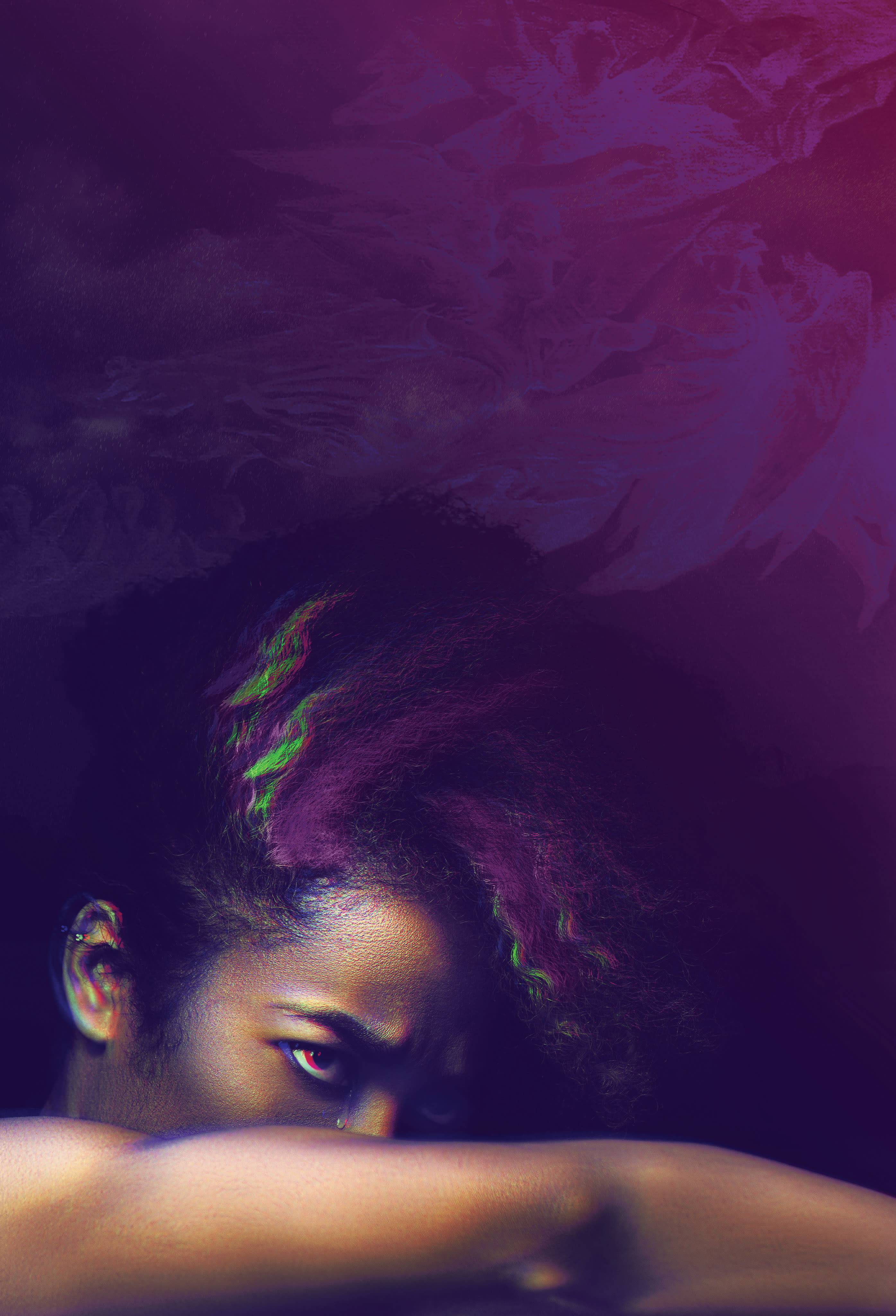 A dramatic key visual for the contemporary Hong Kong theatre production 'Songs of Innocence and Experience' by Rooftop Productions. The image features a close-up, moody portrait of actor Caroline Chan, whose face is partially obscured by her arm. Her dark, textured hair is highlighted with striking streaks of neon green and purple, set against a deep violet, ethereal background with abstract, cloudy light forms. The lighting casts a cinematic, high-contrast glow on her face, emphasizing a sharp, intense gaze. 'Songs of Innocence and Experience' Key Visual.