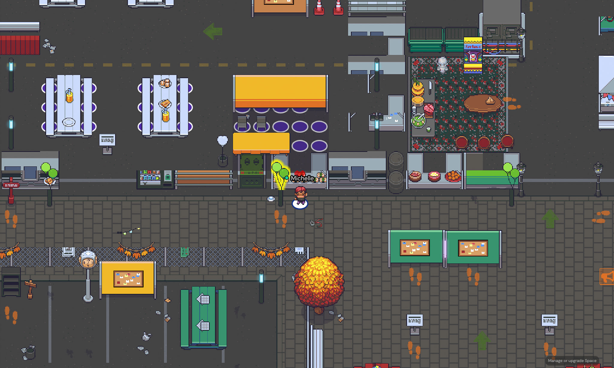 這是天台製作（Rooftop Productions）當代劇場作品《To.gather》中的 8-bit 像素風格數位演出場景鳥瞰圖。畫面上呈現了一個互動式的虛擬夜市地圖，包括各式小吃攤位、用餐區，以及名為 Michelle 的角色虛擬化身站在中央。此視覺美學展現了劇團在數位舞台設計與當代香港劇場實驗上的創新嘗試。當虛擬化身在空間中探索時，演員感嘆道：「哇！我找到了一個夜市！真希望那食物是真的~」