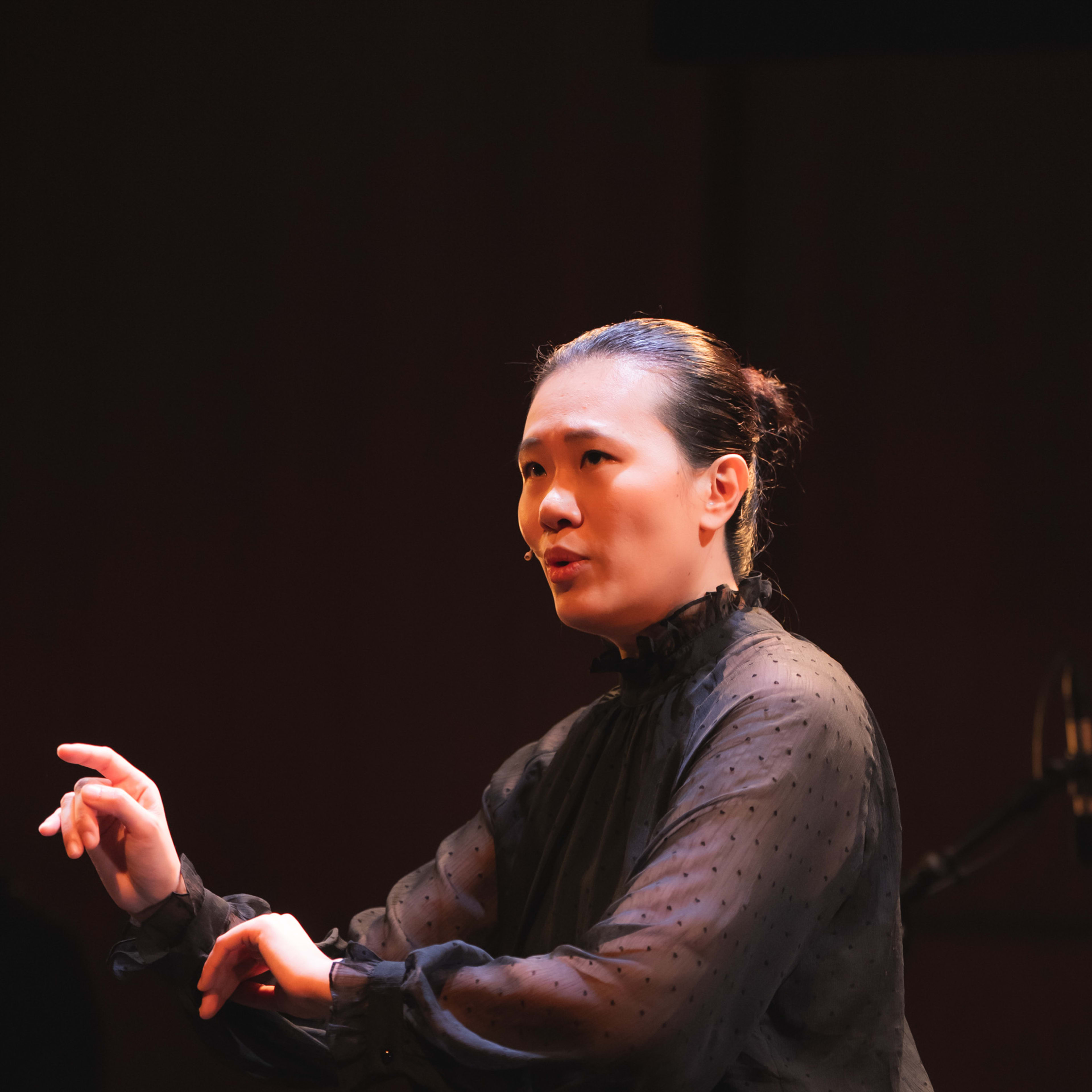 天台製作（Rooftop Productions）當代劇場作品《曲解莎劇》（History Play）的劇照。李婉晶身穿優雅黑色上衣，在暖色調的舞台燈光下，以生動的手勢詮釋劇中角色伊莉莎白一世與 Richard Burbage。她正在演繹劇中台詞：「Richard II」。