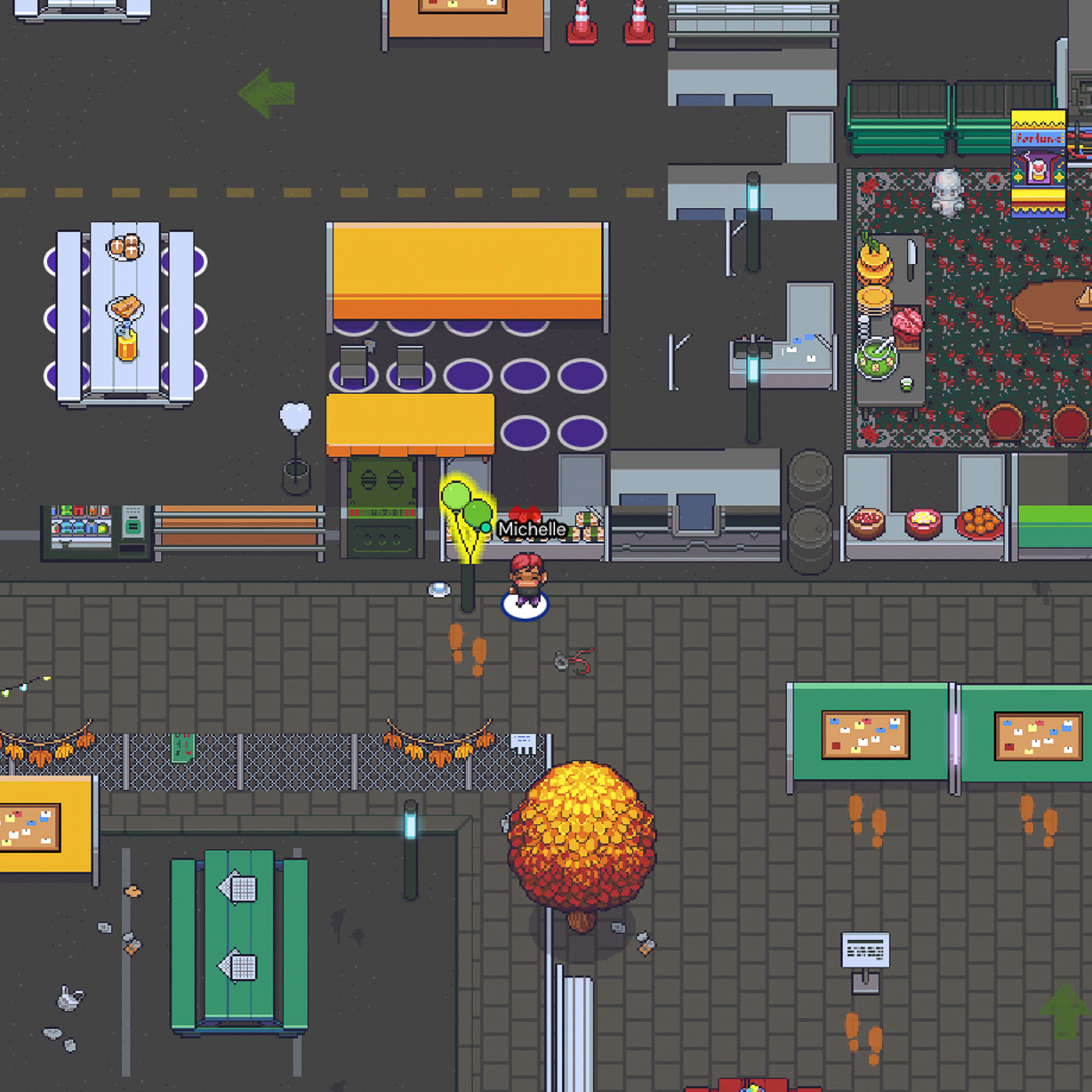 這是天台製作（Rooftop Productions）當代劇場作品《To.gather》中的 8-bit 像素風格數位演出場景鳥瞰圖。畫面上呈現了一個互動式的虛擬夜市地圖，包括各式小吃攤位、用餐區，以及名為 Michelle 的角色虛擬化身站在中央。此視覺美學展現了劇團在數位舞台設計與當代香港劇場實驗上的創新嘗試。當虛擬化身在空間中探索時，演員感嘆道：「哇！我找到了一個夜市！真希望那食物是真的~」