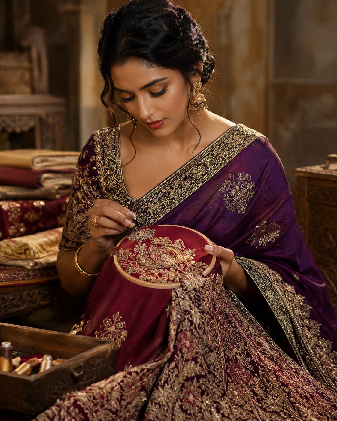 Close-up of hand embroidery on silk