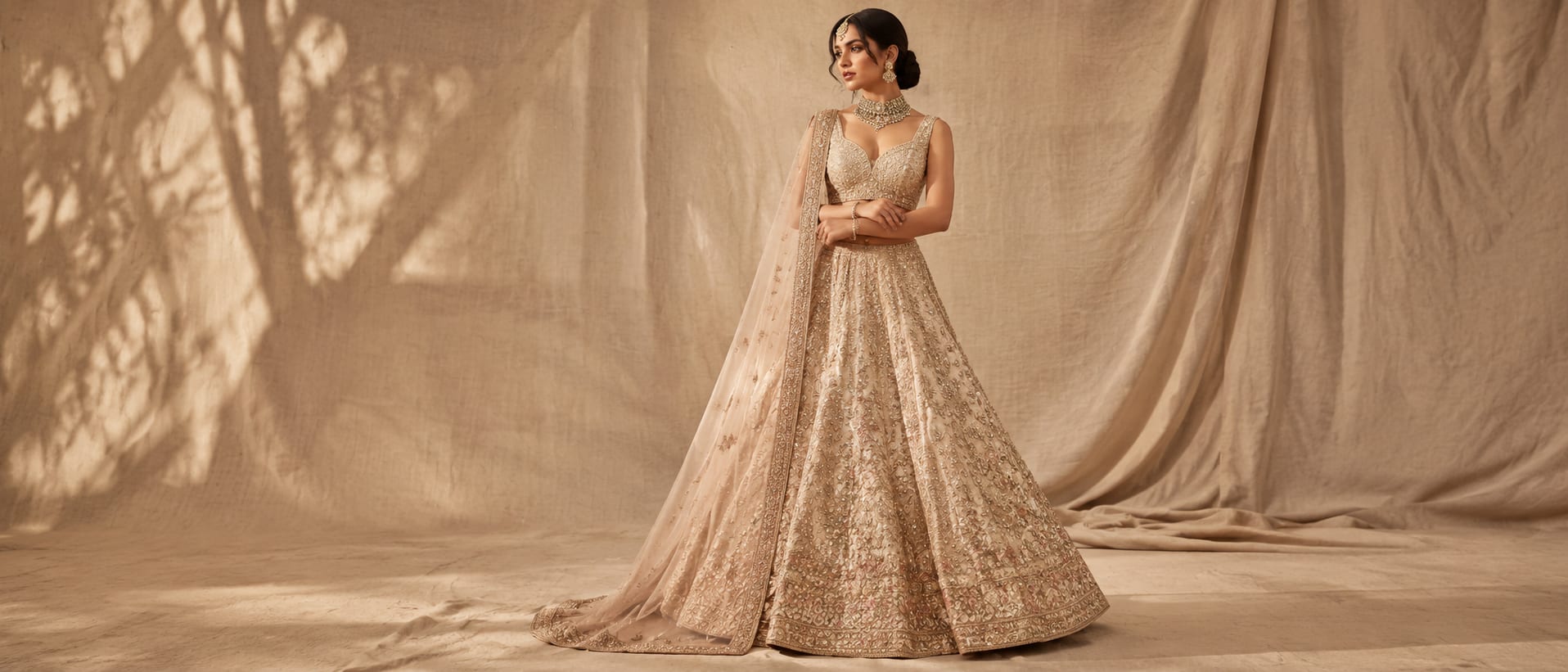 Lehenga set photographed against linen