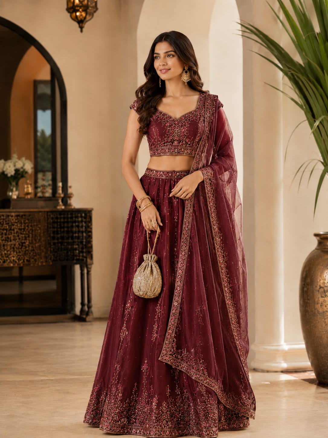 Woman in a maroon  embroidered salwar suit with matching dupatta in a luxurious courtyard-style setting.