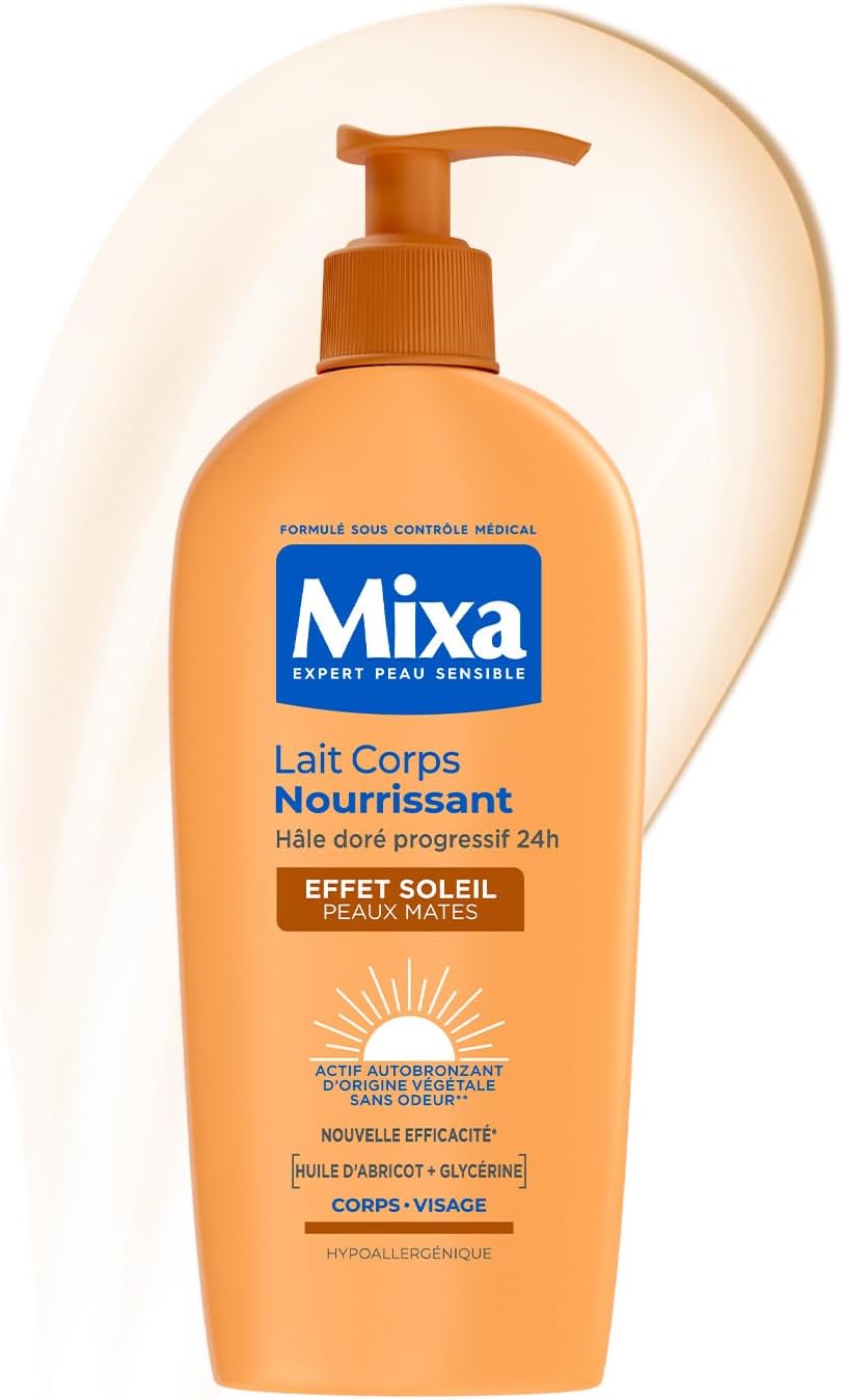 MIXA - Autobronzant - Lait Corps Nourrissant Effet Soleil - Autobronzant Progressif 24H - Nutrition - Beurre de Karité & Huile d’Abricot - Corps & Visage - Peaux Mates