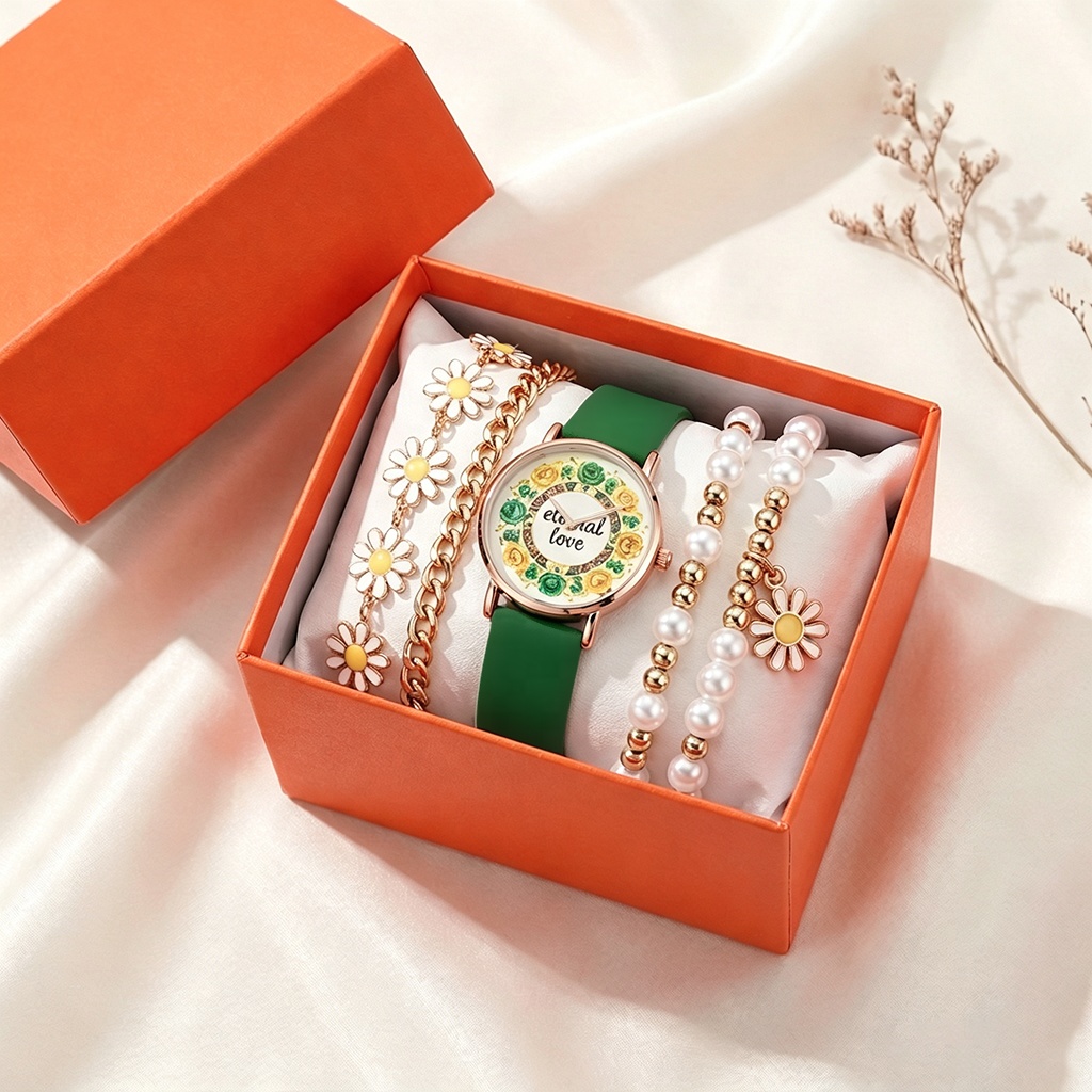 Ensemble de luxe 5 pièces : Montre pour femme avec 4 bracelets, cadran Amour Éternel, perles dorées et marguerites – Parure de bijoux tendance