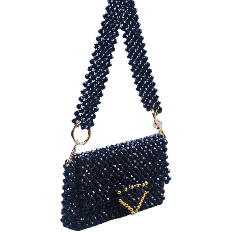 Sac à bandoulière pour femmes tissé perlé en verre fait à la main noir Mini sac pour dames en forme de diamant pour banquet de fête