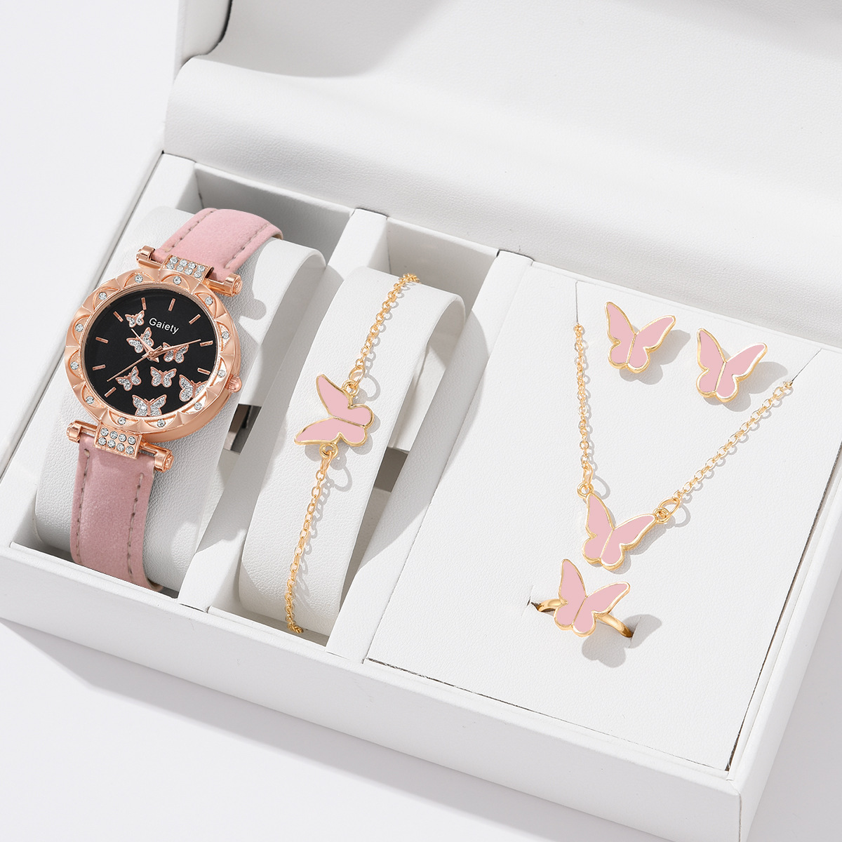 Ensemble Montre 5 Pièces pour Femme : Montre Papillon, Bague, Collier, Boucles d'Oreilles et Bracelet Décontracté