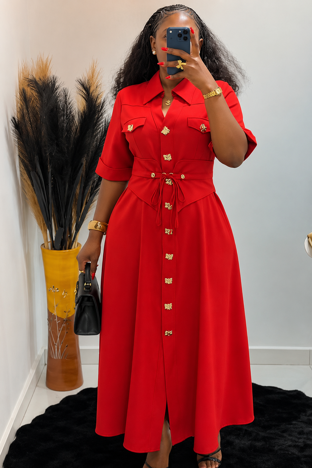 Robe Chemise Longue Cintrée à Liens de Serrage