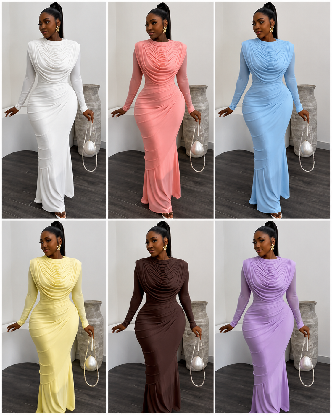Robe Longue Drapée Buste à Manches Voile