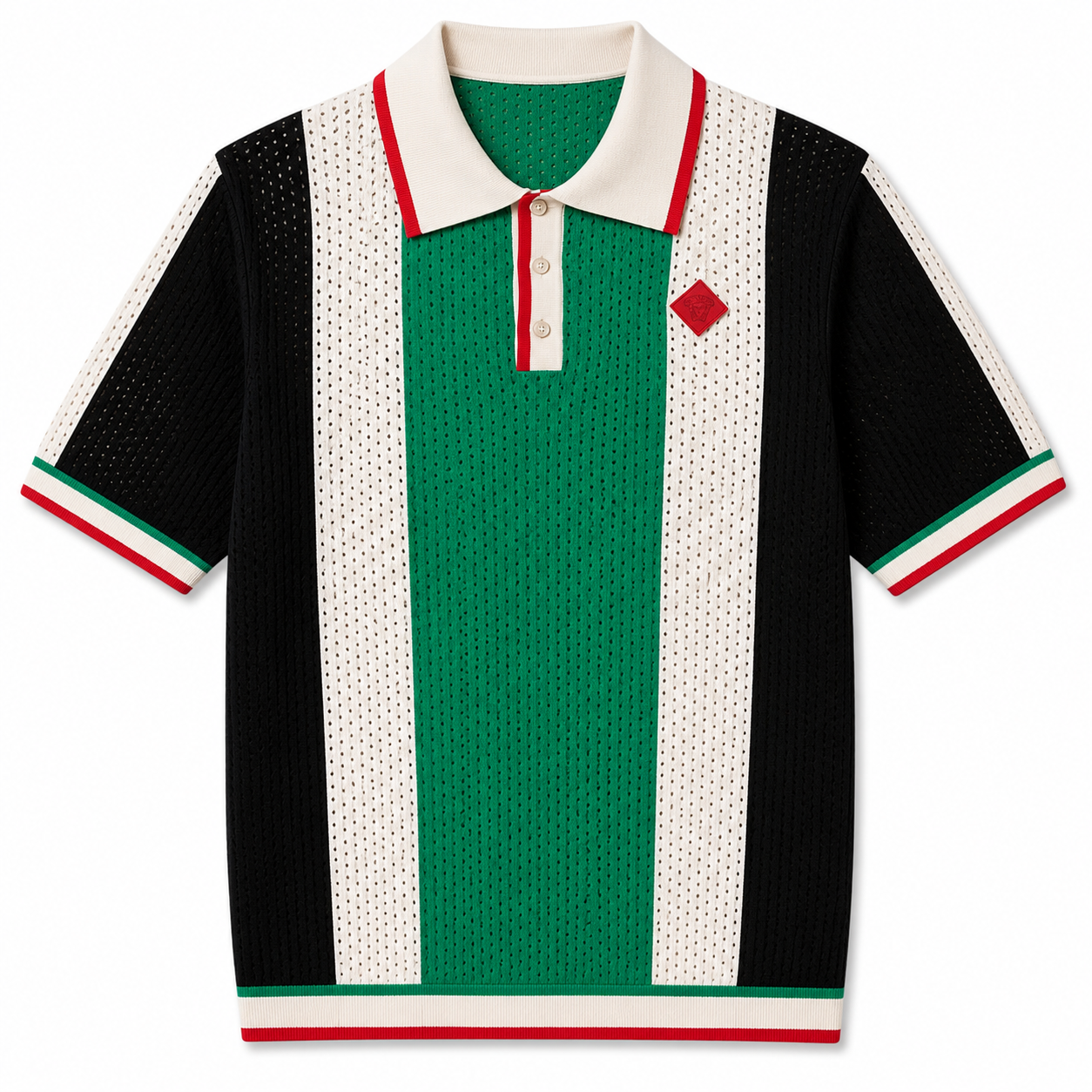 Polo en Maille Ajourée à Bandes Vert, Blanc, Noir
