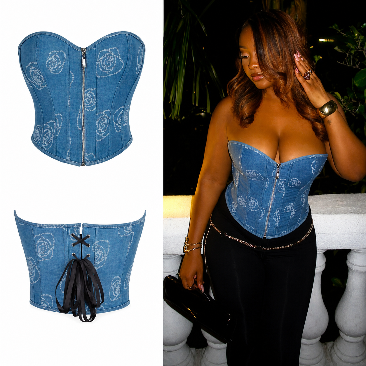 Bustier Corset en Jean Motif Roses & Laçage Dos