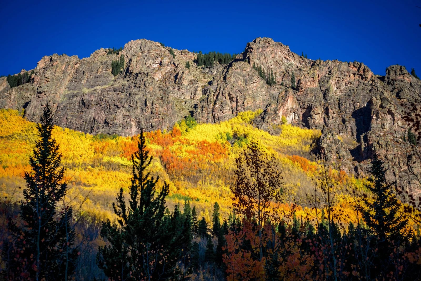 Where the Cliff Says Stop — Abyss Lake Trail, Colorado. Aspens running gold and orange right up to the point where the cliff band says stop.