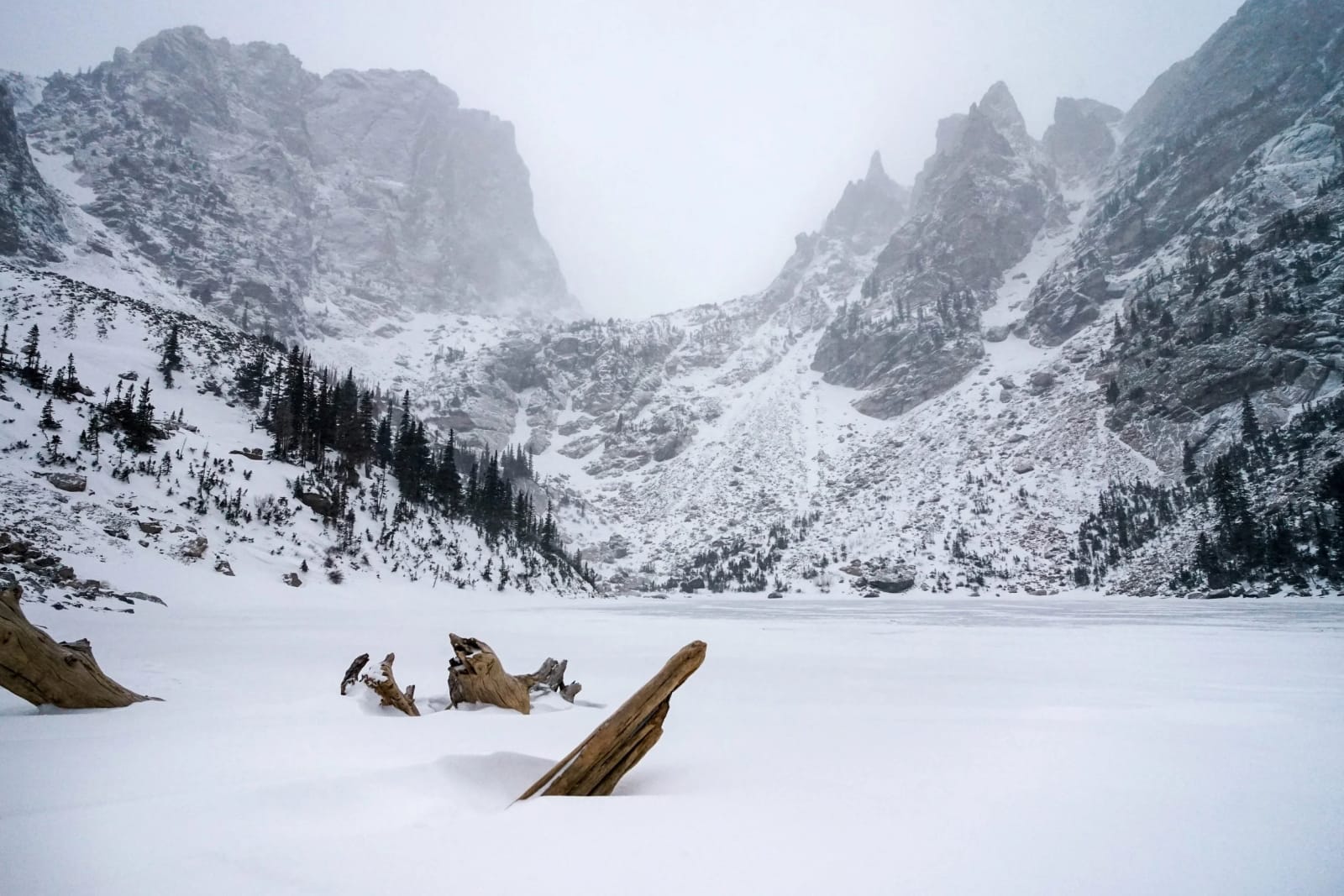 Dream Lake Under Winter — Dream Lake, Rocky Mountain National Park, Colorado. Standing where open water usually mirrors Hallett Peak, now buried under a…