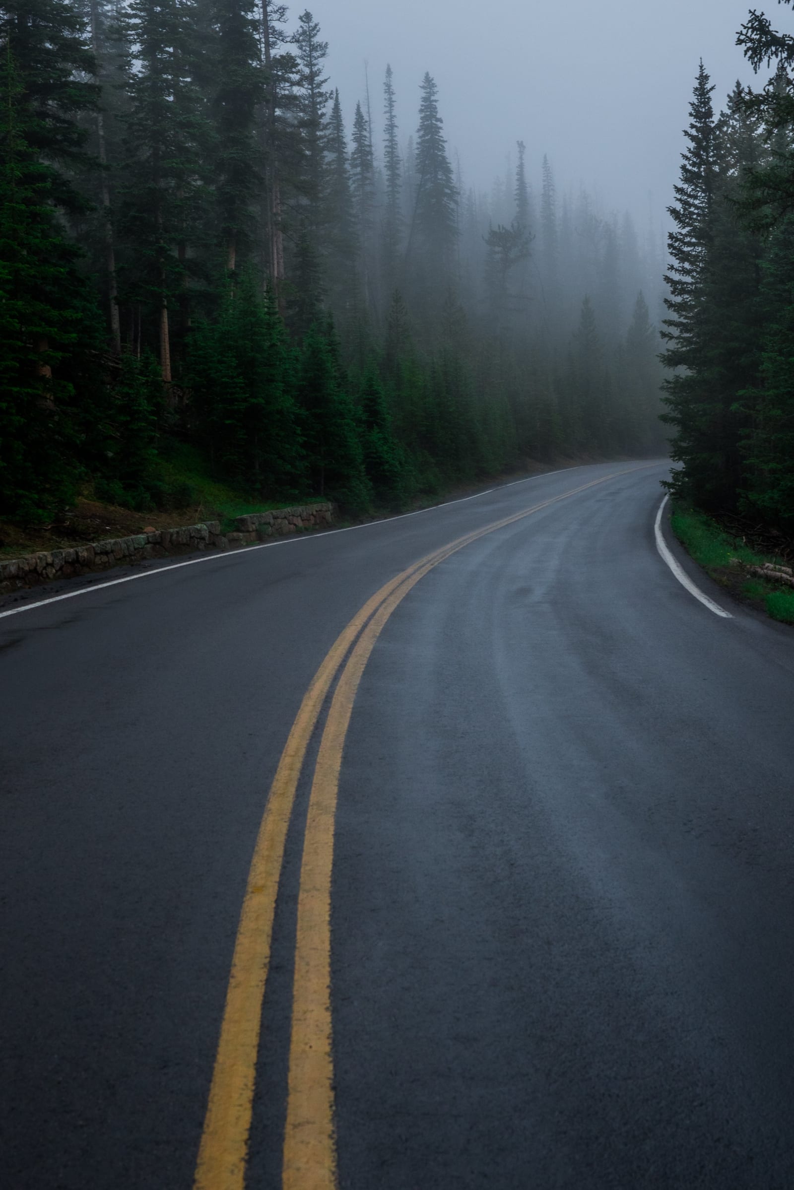 Fog on Trail Ridge Road — Trail Ridge Road, Rocky Mountain National Park. Trail Ridge Road in Rocky Mountain National Park, Colorado, disappearing around a…