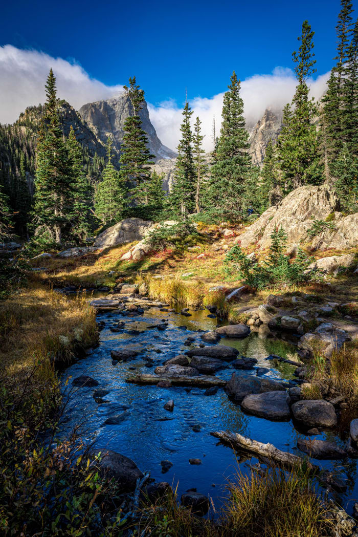 Icy Brook in Autumn — Rocky Mountain National Park, Colorado. Icy Brook winding out of Loch Vale under the spires in Rocky Mountain National Park, autumn…