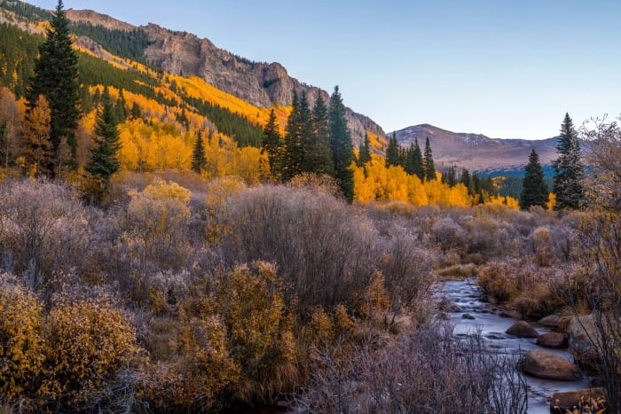 The Whole Drainage Dressed for Fall — Abyss Lake Trail, Colorado. An entire drainage dressed for autumn, gold aspens up on the slopes and frosted willows…