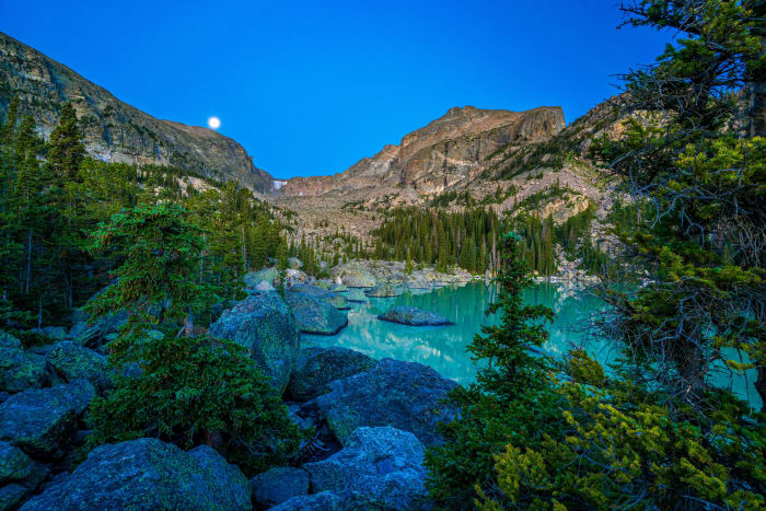 Moonset Over Lake Haiyaha — Lake Haiyaha, Rocky Mountain National Park, Colorado. The moon setting over the ridge above Lake Haiyaha in Rocky Mountain…