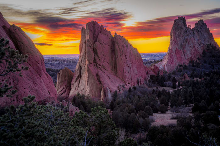 Pink Rock, Orange Sky — Garden of the Gods, Colorado Springs, Colorado. Sunrise at Garden of the Gods in Colorado Springs, Colorado, from a high spot among…