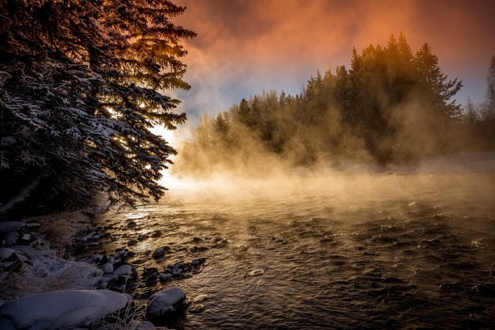 Steaming Like a Kettle — Silverthorn, Colorado. A Colorado river steaming like a kettle in the sunrise cold, backlit fog pouring off the surface and through…