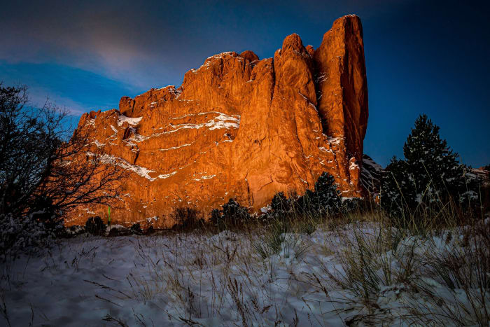 Five Minutes of Furnace — Garden of the Gods, Colorado Springs, Colorado. First light turning the sandstone at Garden of the Gods into a furnace while snow…