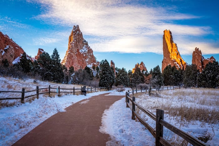 First Tracks in the Garden — Garden of the Gods, Colorado Springs, Colorado. Fresh snow on the main loop at Garden of the Gods with first light climbing the…