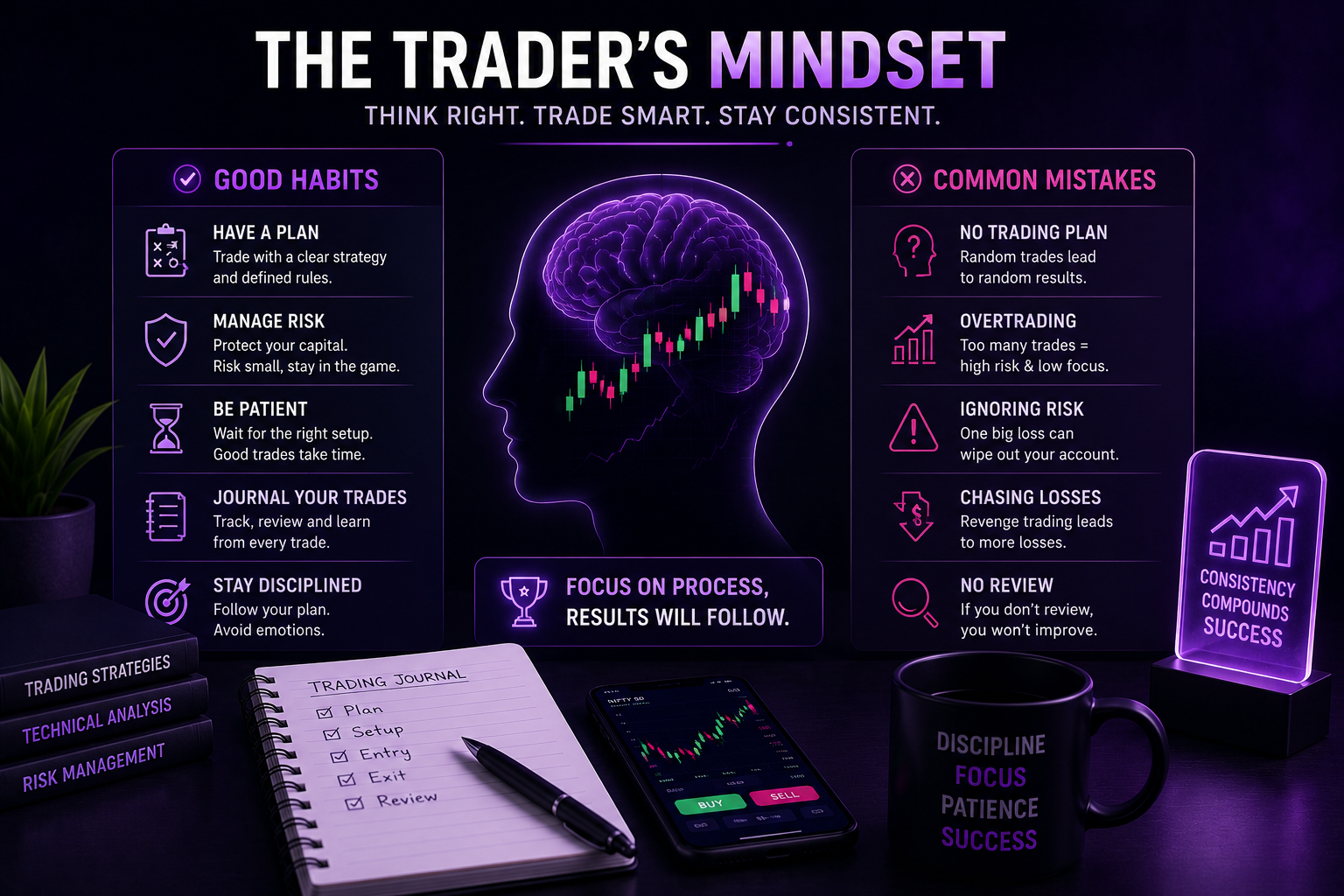 New trader foundation with mindset, trading plan, risk management and continuous learning