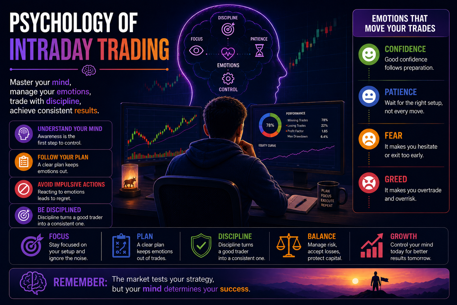 Trader controlling fear and greed while analysing intraday market movements