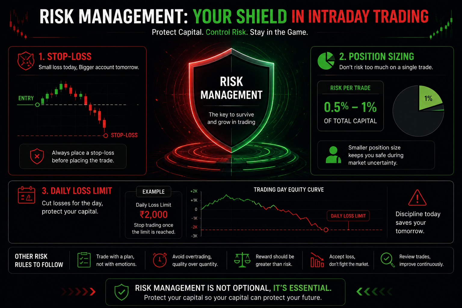 Position sizing and daily risk management for intraday trading