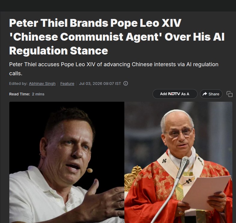 Peter Thiel acusa al Vaticano de servir como agente comunista chino por pedir regulacion de IA