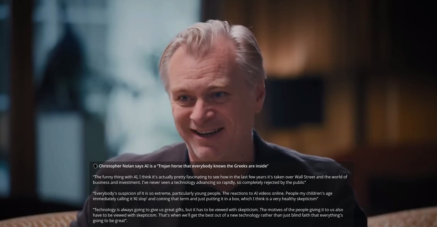 Christopher Nolan califica a la IA de "caballo de Troya" que todos saben que esconde a los griegos