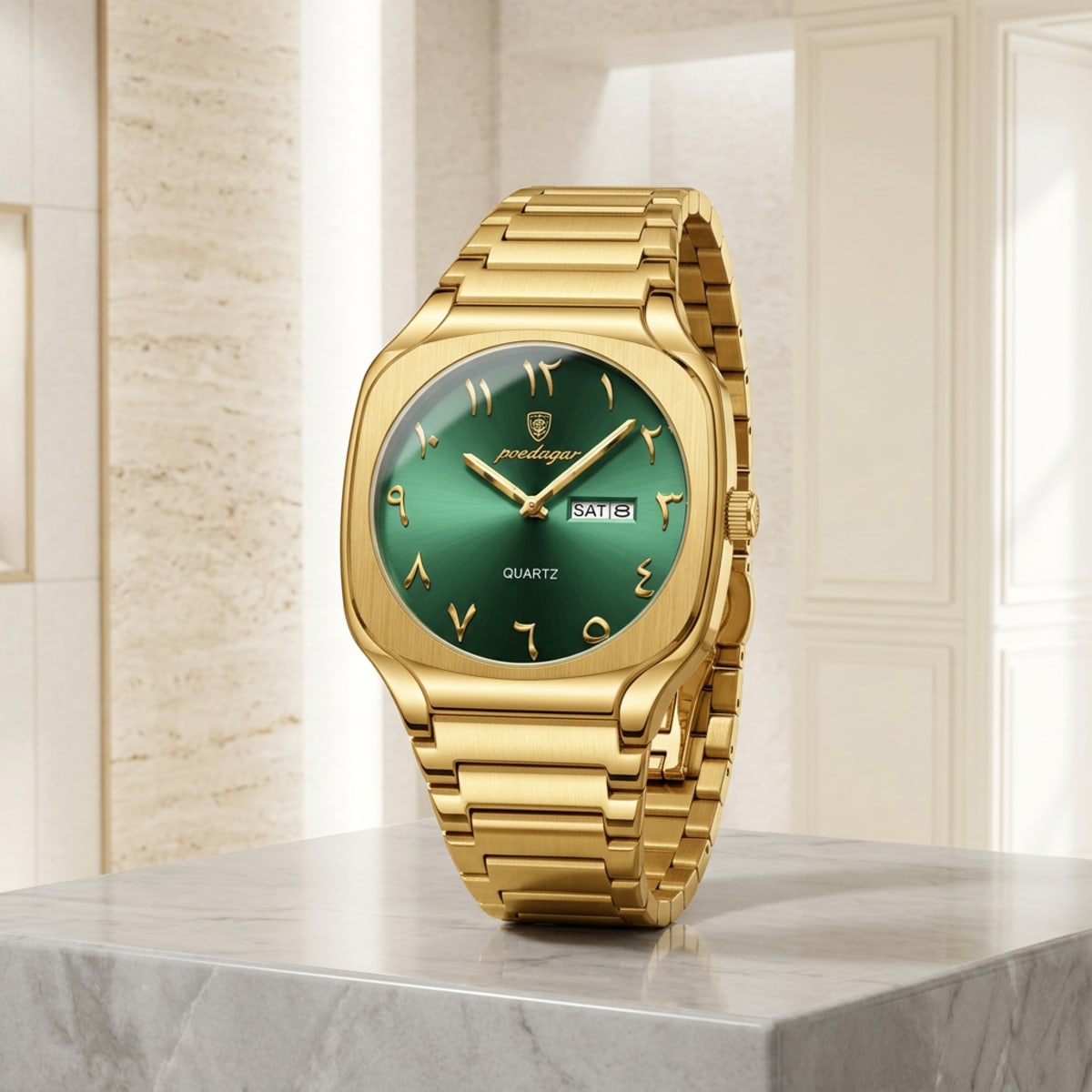 Poedagar Gold-Tone Watch with Green Dial