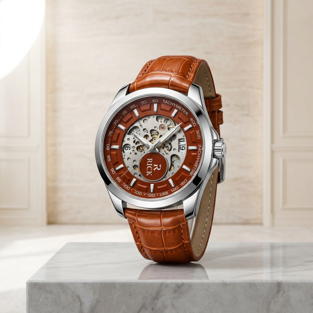 RICK Skeleton Dial Watch with Brown Croc-Pattern Strap