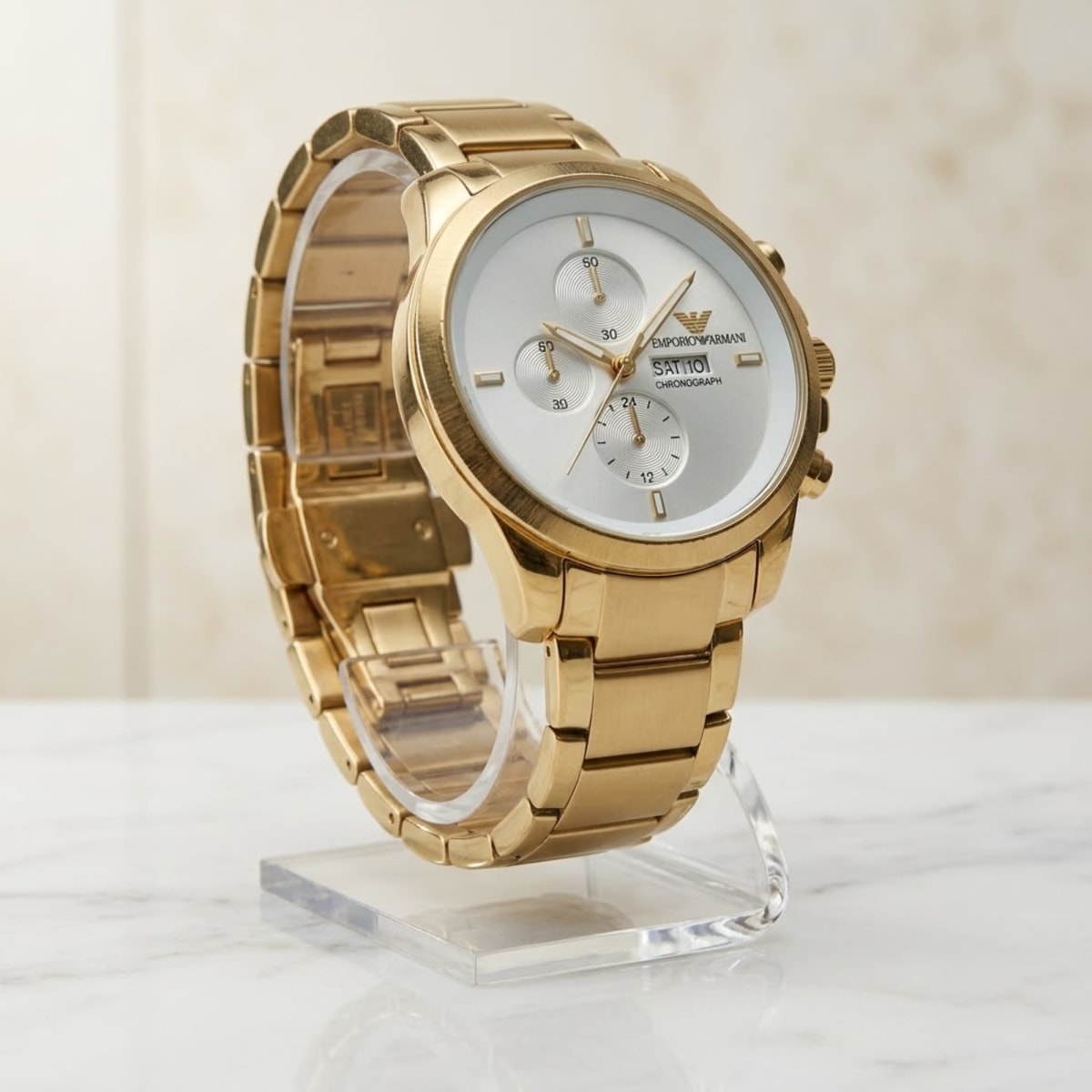 Emporio Armani Gold-Tone Chronograph Watch — Silver Sunray Dial