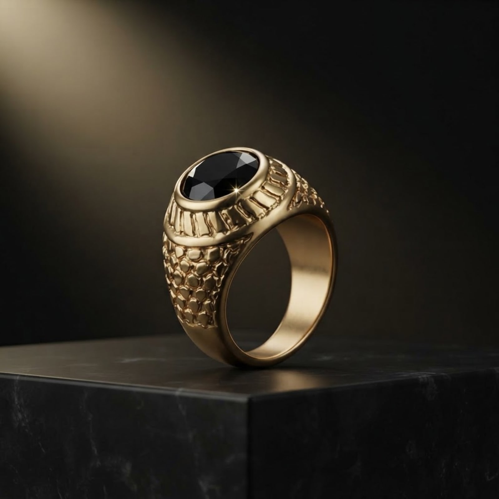 Black Onyx Round Signet Ring, Gold-Tone