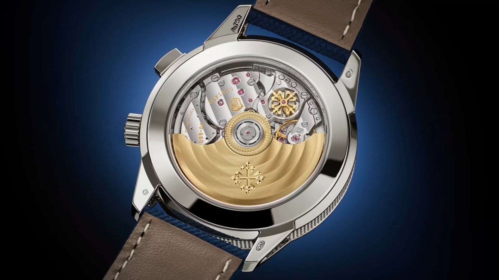 The movement and gold rotor through the sapphire case back