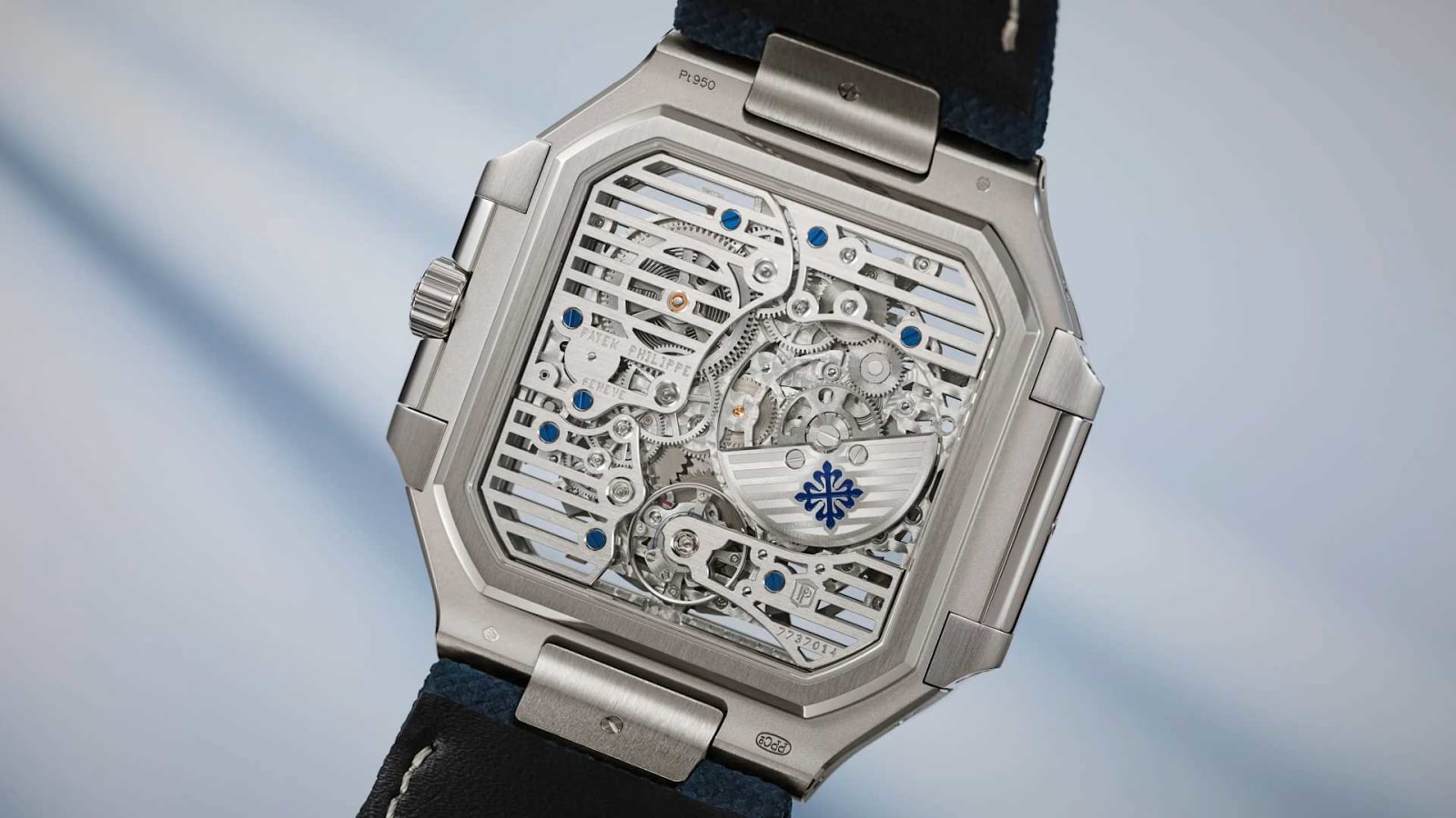 The skeletonized movement through the sapphire case back