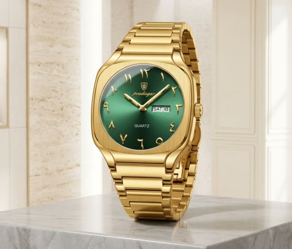 Poedagar Gold-Tone Watch with Green Dial