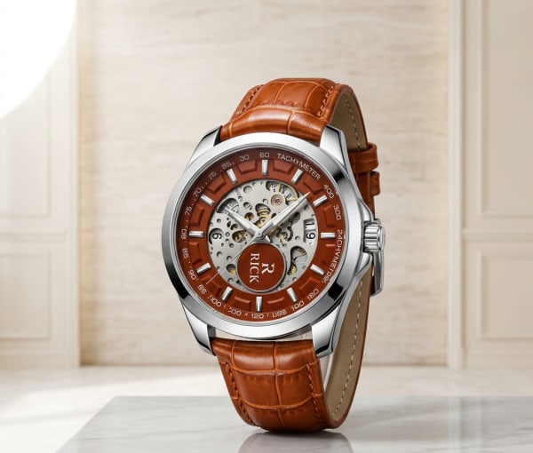 RICK Skeleton Dial Watch with Brown Croc-Pattern Strap