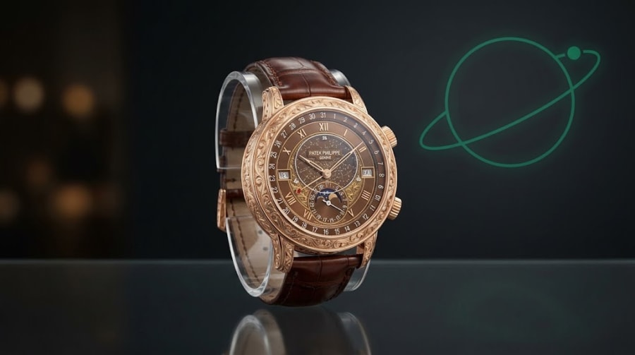 The 6002R at three quarters on a clear stand, brown crocodile strap, against a dark ground with the Orbit X mark
