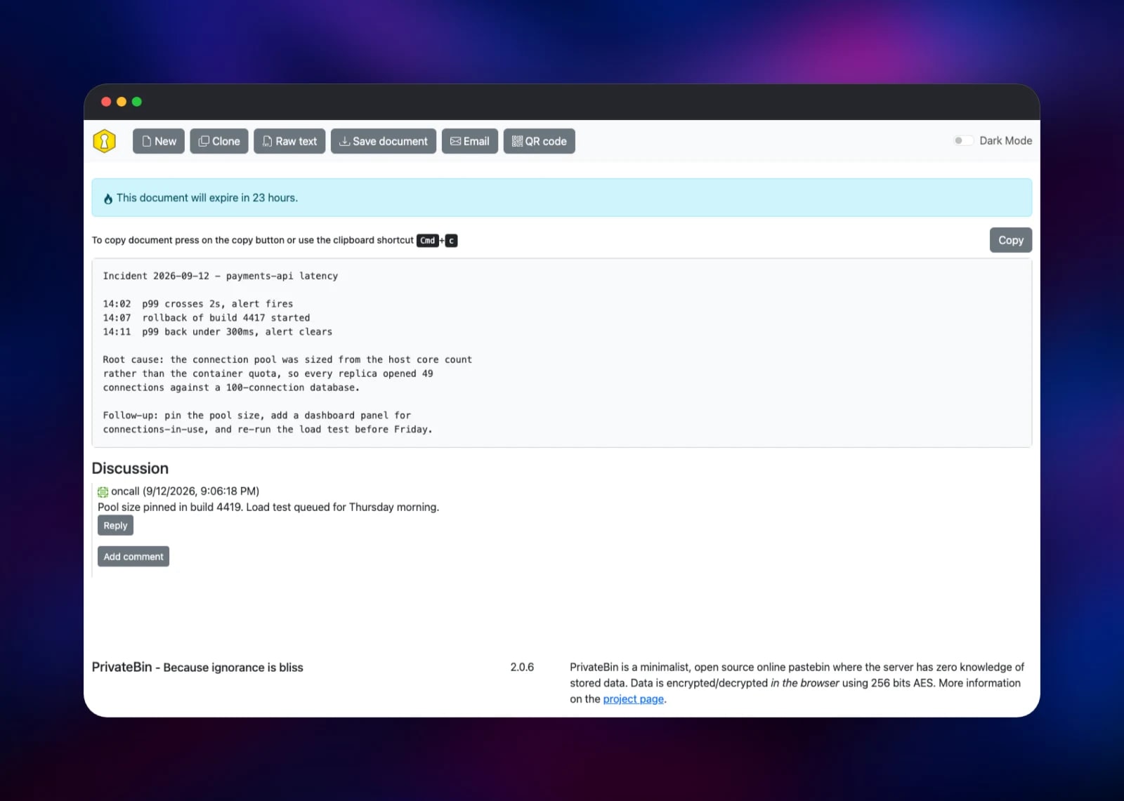 A decrypted PrivateBin document with a reply in its discussion