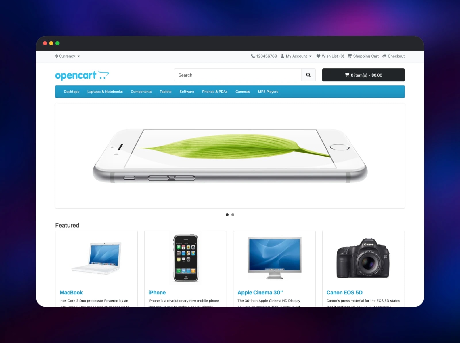 OpenCart storefront home page with featured products and category menu