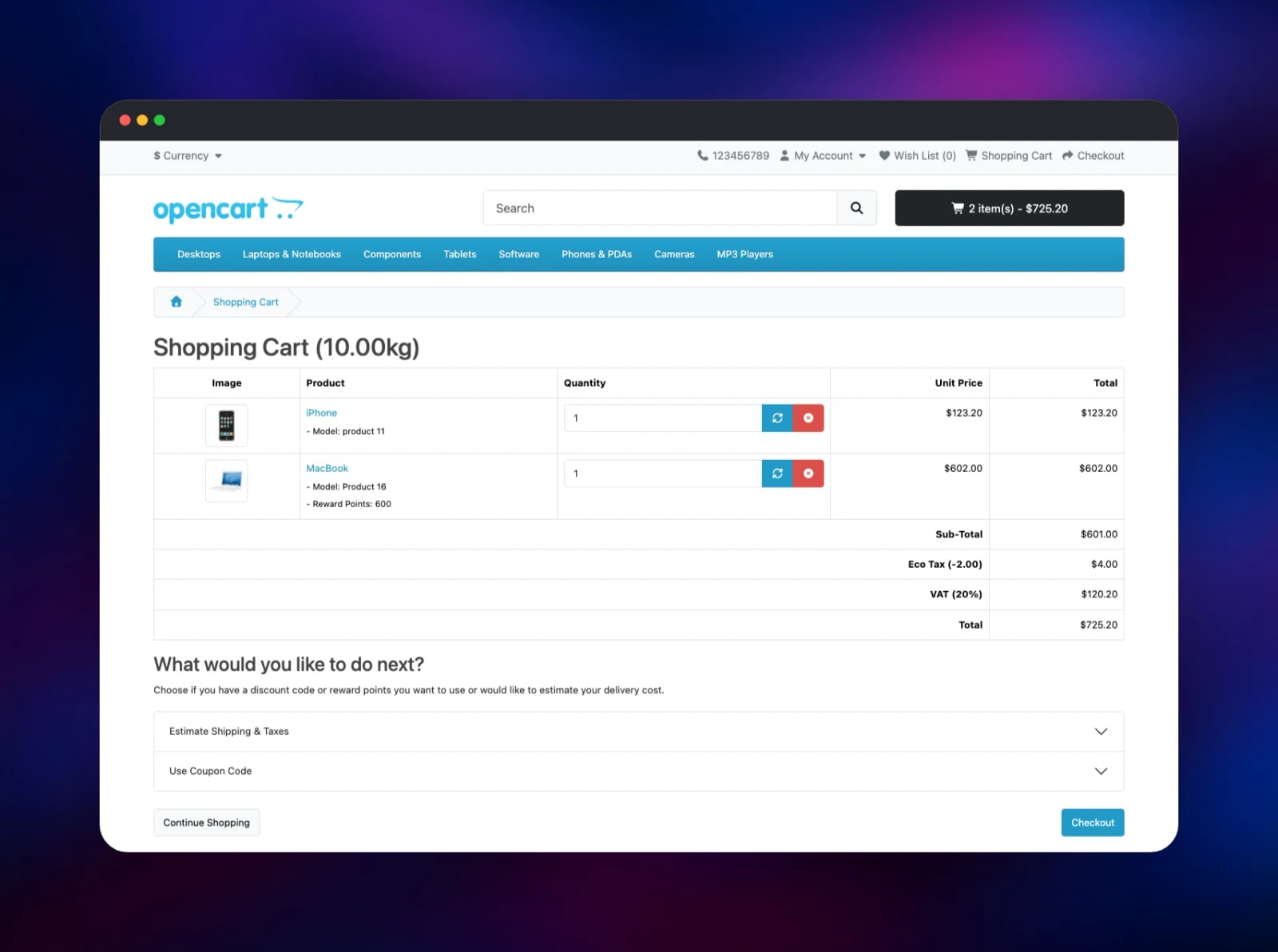OpenCart shopping cart holding two products with tax and totals