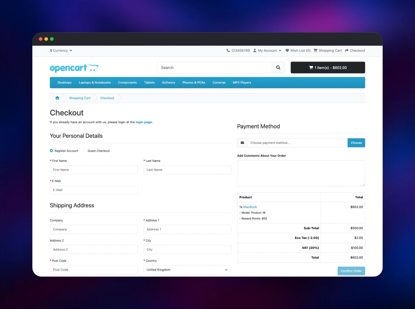 OpenCart guest checkout form for personal details and shipping address