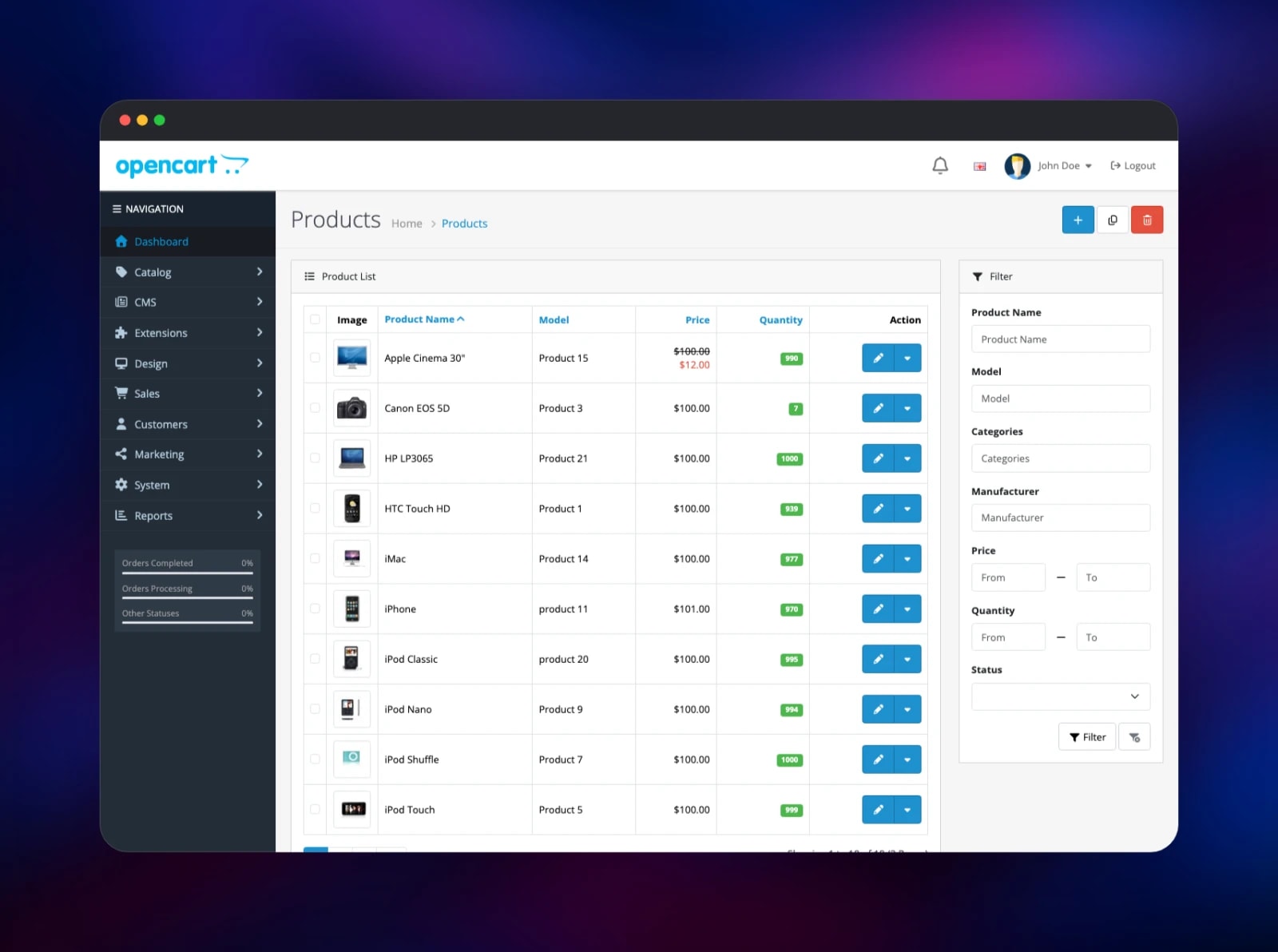 OpenCart admin product catalogue listing the demo inventory