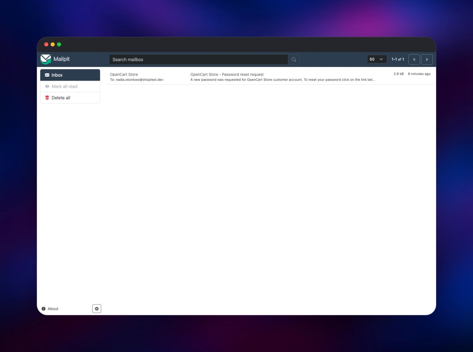 Mailpit inbox holding the password reset mail OpenCart sent over SMTP